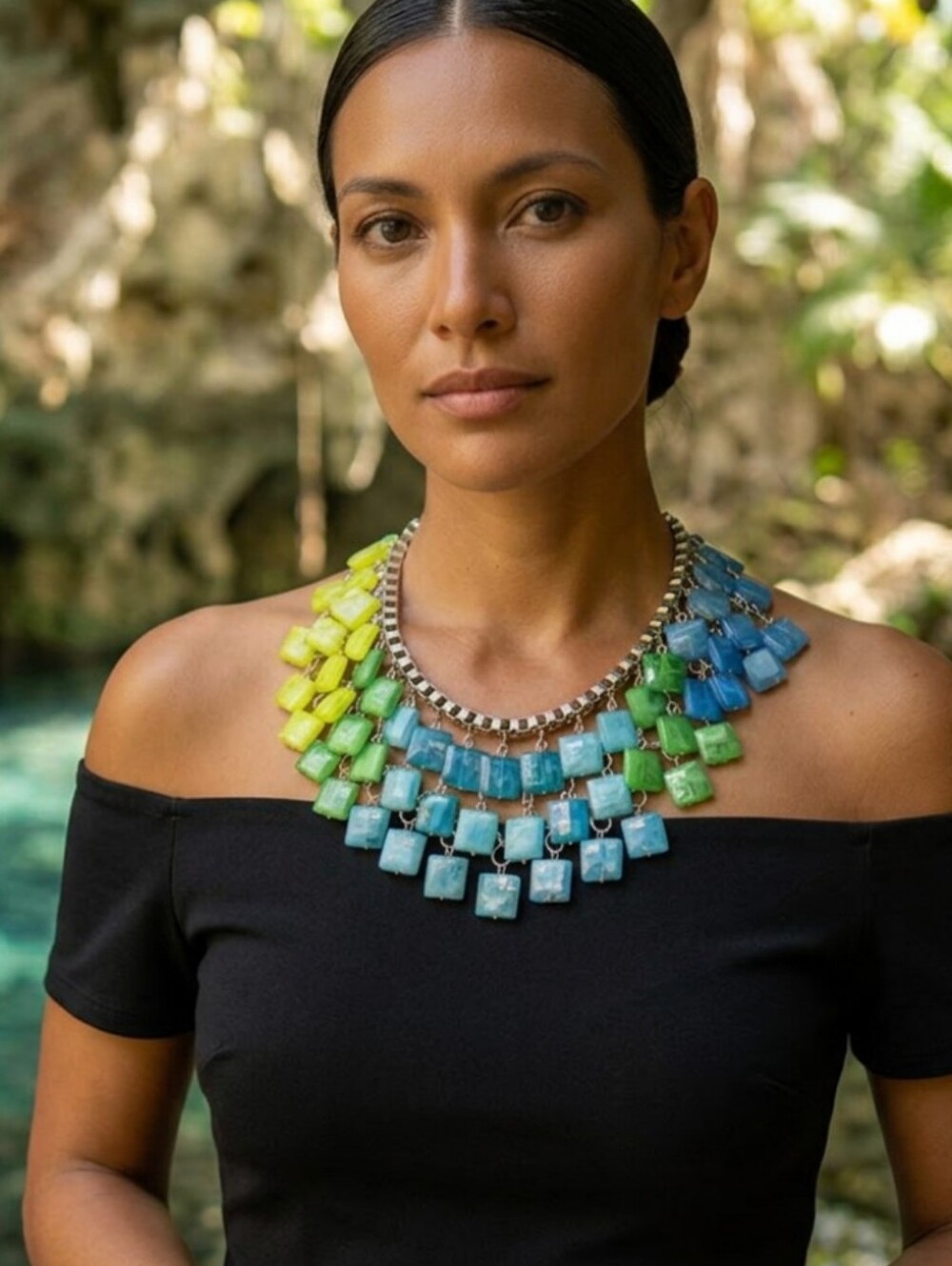 Multicolor Acrylic Tile Bib Statement Necklace - Blue Green Yellow, Adjustable